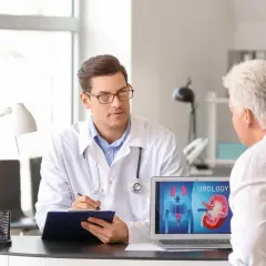 Lekarz omawia z pacjentem wyniki badań, na ekranie laptopa widoczny schemat układu moczowego, wskazujący na brodawkowaty rak urotelialny high grade.