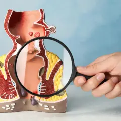 Model anatomiczny przedstawia jelito grube z widocznymi zmianami, które mogą sugerować raka odbytnicy. Lupa powiększa szczegóły.