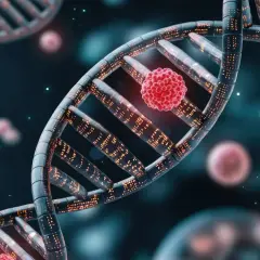Molekularny obraz DNA z czerwoną, kulistą strukturą, sugerującą mutację lub komórkę rakową, rodzi pytanie: czy rak jest dziedziczny?