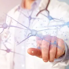 Lekarz dotyka wirtualnych neuronów, symbolizując nadzieję dla ludzi po chemioterapii na regenerację układu nerwowego.