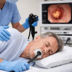 Mężczyzna leży na łóżku, podczas gdy lekarz wykonuje gastroskopię. Na ekranie widoczny jest obraz wnętrza żołądka.