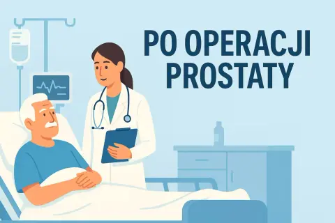 Lekarka rozmawia z pacjentem po prostatektomii radykalnej. W tle kroplówka i monitor.