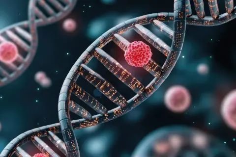 Molekularny obraz DNA z czerwoną, kulistą strukturą, sugerującą mutację lub komórkę rakową, rodzi pytanie: czy rak jest dziedziczny?