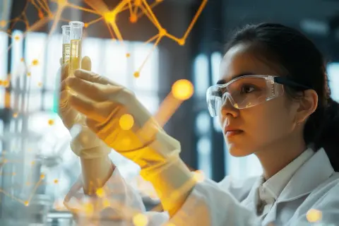 Naukowczyni w okularach ochronnych analizuje próbki w probówkach, prowadząc zaawansowane badania molekularne w hematologii.