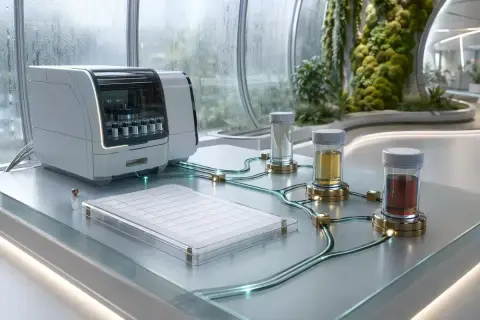 Nowoczesny analizator laboratoryjny z probówkami i płytką do hodowli komórkowych. W tle zielona ściana roślin. Badania nad ki 67.