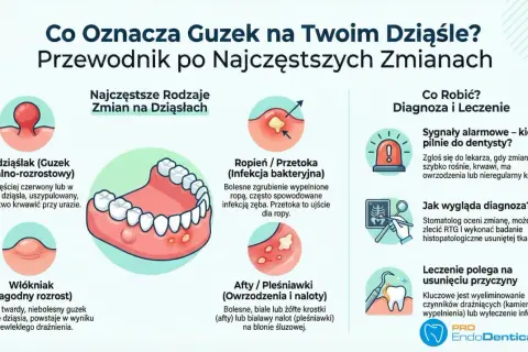 Bezbolesny guzek na dziąśle może być włókniakiem, łagodnym rozrostem. Ilustracja pokazuje różne zmiany na dziąsłach.