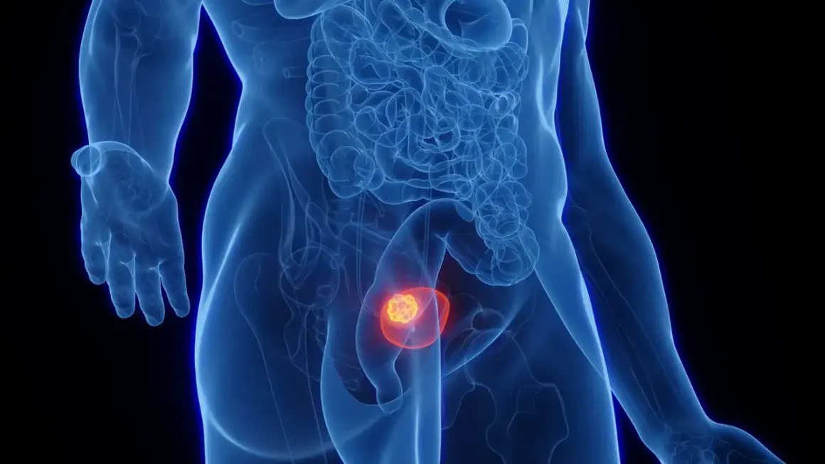 Anatomical illustration showing a glowing tumor within the bladder, representing nieinwazyjny rak brodawkowaty pęcherza moczowego.