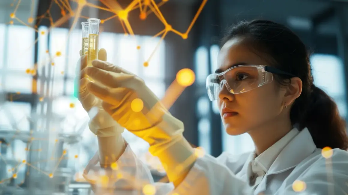 Naukowczyni w okularach ochronnych analizuje próbki w probówkach, prowadząc zaawansowane badania molekularne w hematologii.