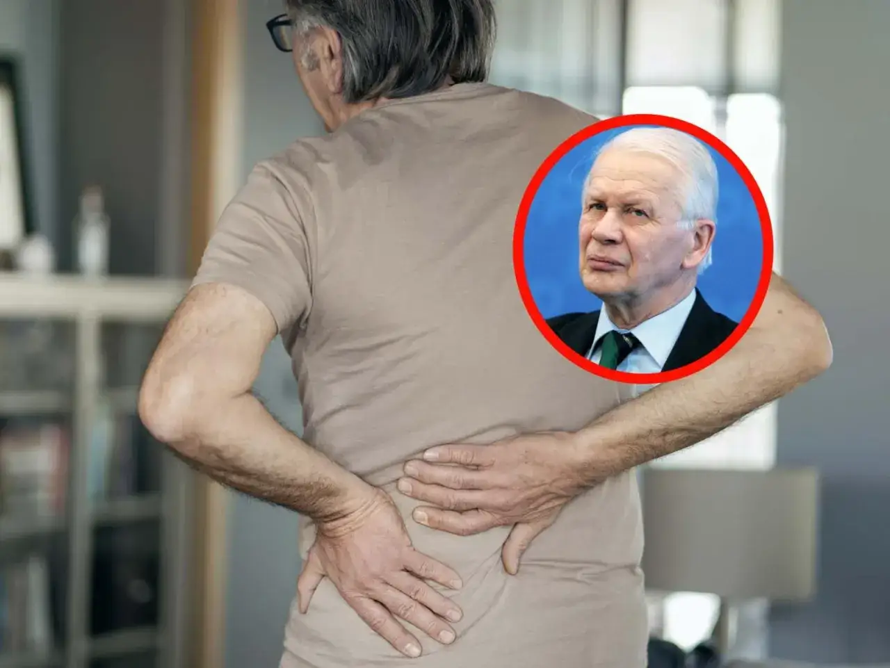 Mężczyzna z bólem pleców, który może być jednym z wczesnych objawów szpiczaka. W tle portret starszego mężczyzny.