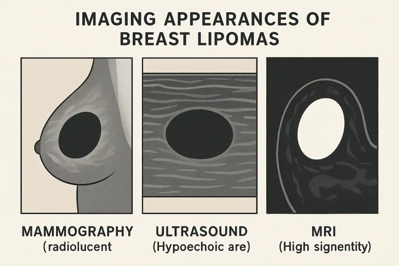 Trzy obrazy pokazujące tluszczaka w piersi: mammografię, USG i MRI.
