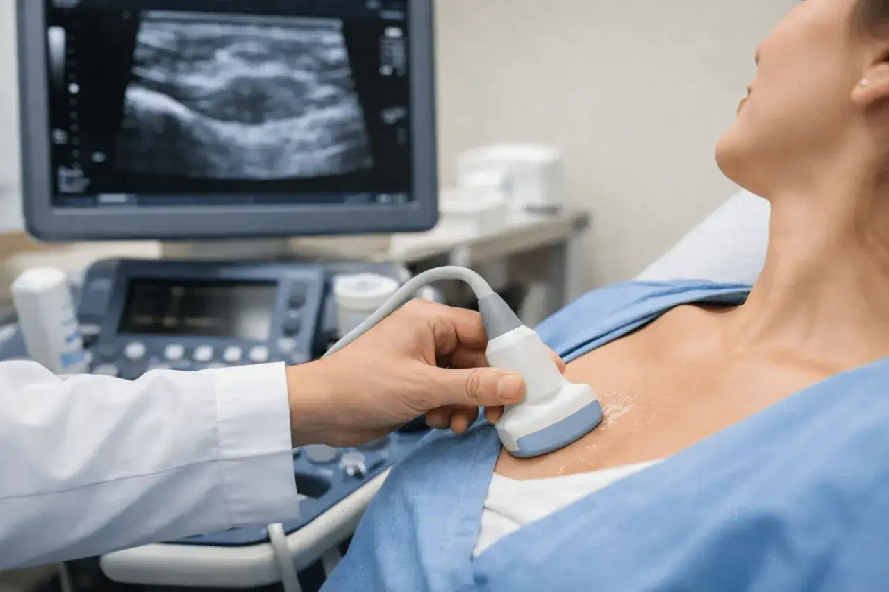 Badanie USG piersi. Lekarz wykonuje badanie, przykładając głowicę do klatki piersiowej pacjentki. Na monitorze widoczny obraz ultrasonograficzny. Zacienienie w mammografii co oznacza, wyjaśnia lekarz.